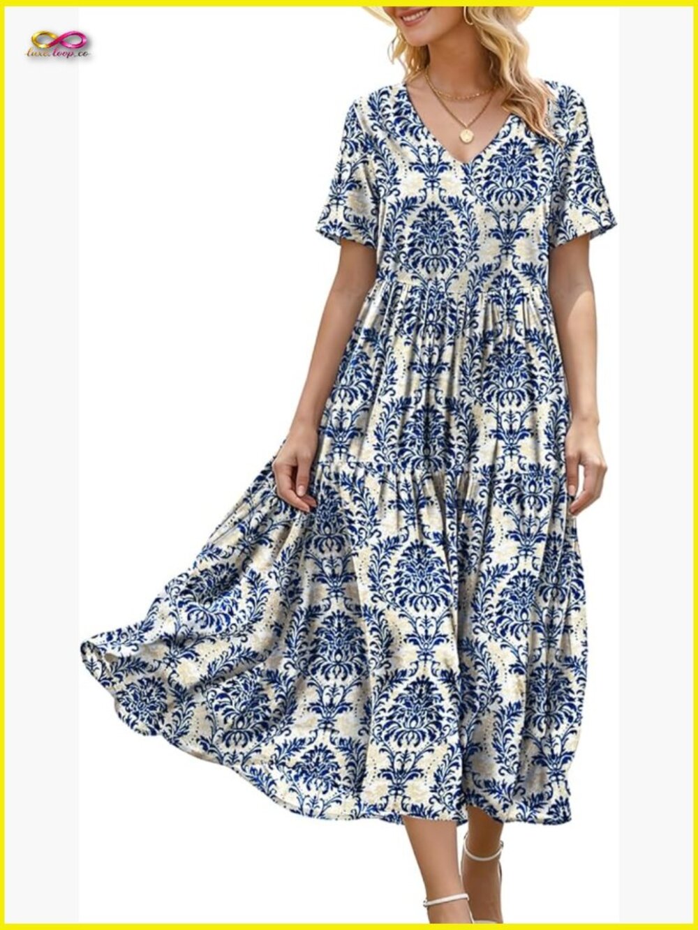 Women's Floral Maxi Dress V-Neck Short Sleeve Swing Boho Beach Vacation with